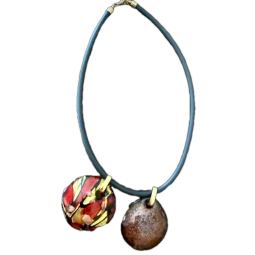 Signed original Murano two glass pendants With Black Cord Necklace made in Italy